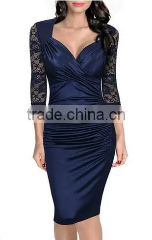 Women's Deep-V Neck Ruffles Floral Lace Fitted Retro Evening Pencil Dress