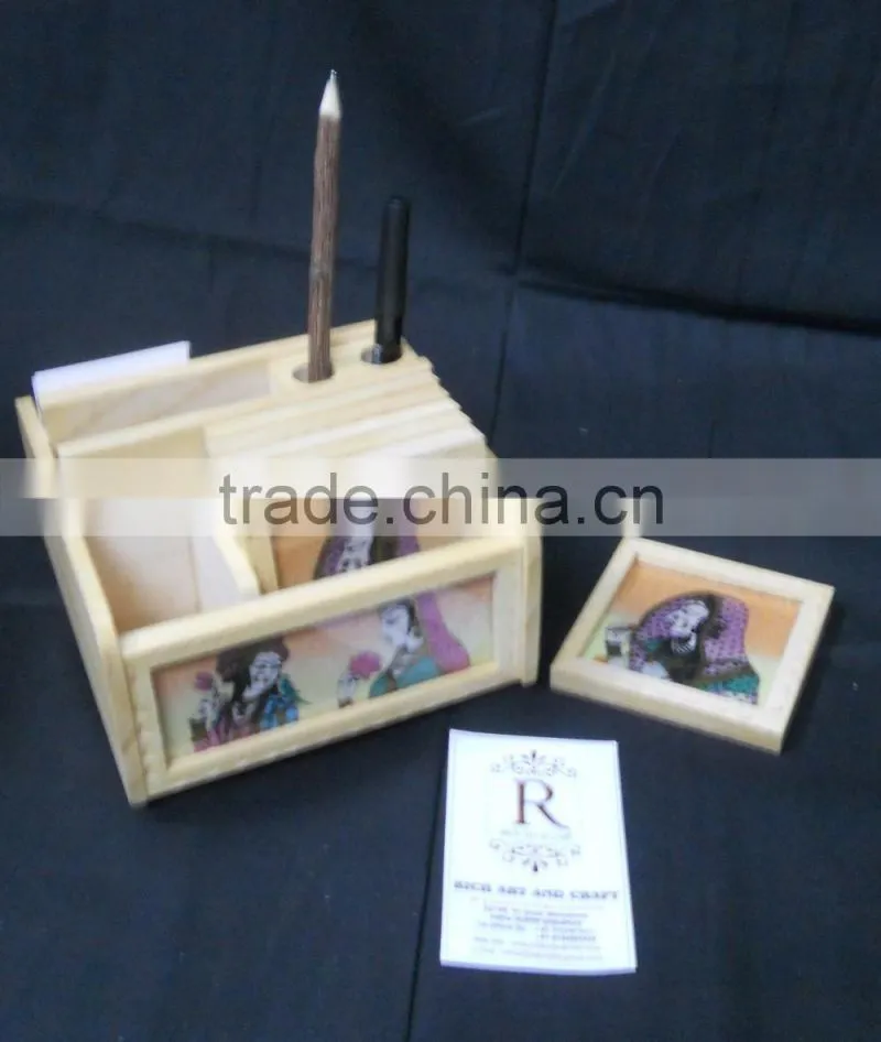 Rich Art And Craft Jaipur Rajasthan wooden handicraft Handmade office set of pen stand tea coaster