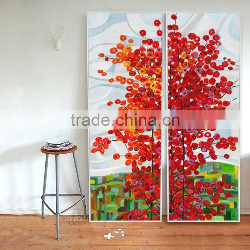 Wall Art 2 Panel Red Tree Oil Canvas Painting Abstract Scenery Picture For Living Room Wall Decor Oil Paintings Framed Stretc