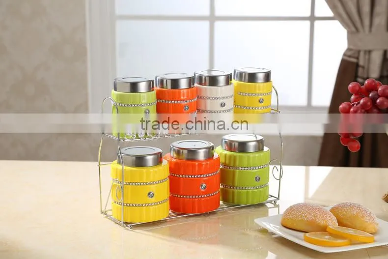 kitchenware useful ceramic canister set with stainless metal stand