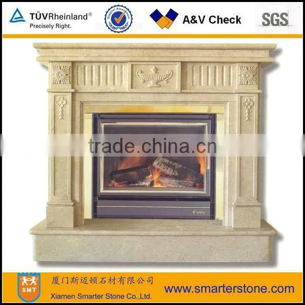 Yellow Marble Tile Surrounds Fireplace