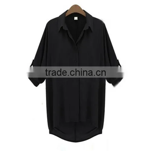 3 Colors Plus Size 2015 New Fashion Casual Women Clothing Ladies Chiffon Lapel Long Batwing Sleeve Shirt Top Blouse