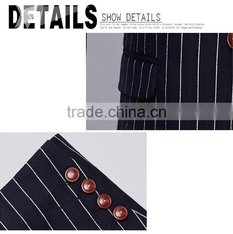2017 latest design 3 pieces suits with long blazer waistcoat and pants dark blue stripe suite made in china