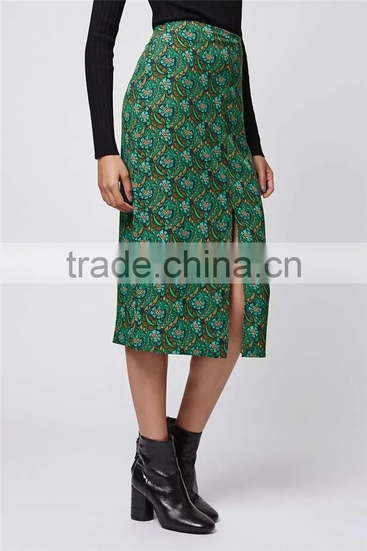 New Arrival Customized 95% Rayon 5% Spandex Floral Split Front Midi Skirts Green Split Floral Skirts