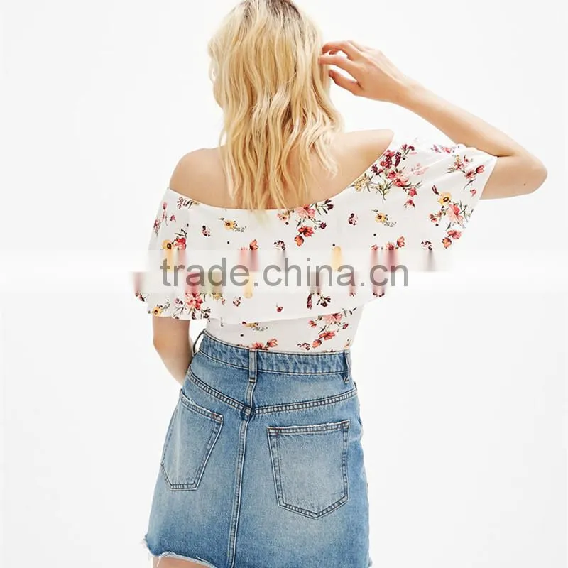 2017 Summer popular ladies sexy bardot neckline ruffled T-shirt