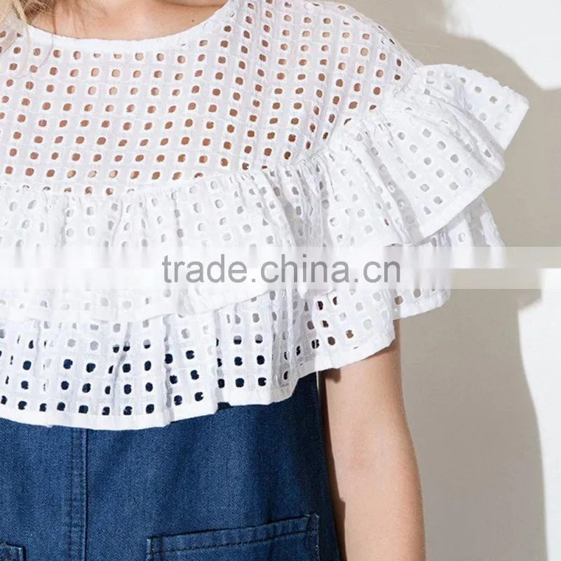 New Latest Girls Sweet Ruffle Mesh Casual Denim Mini Dress Women Patchwork Designs For Dresses