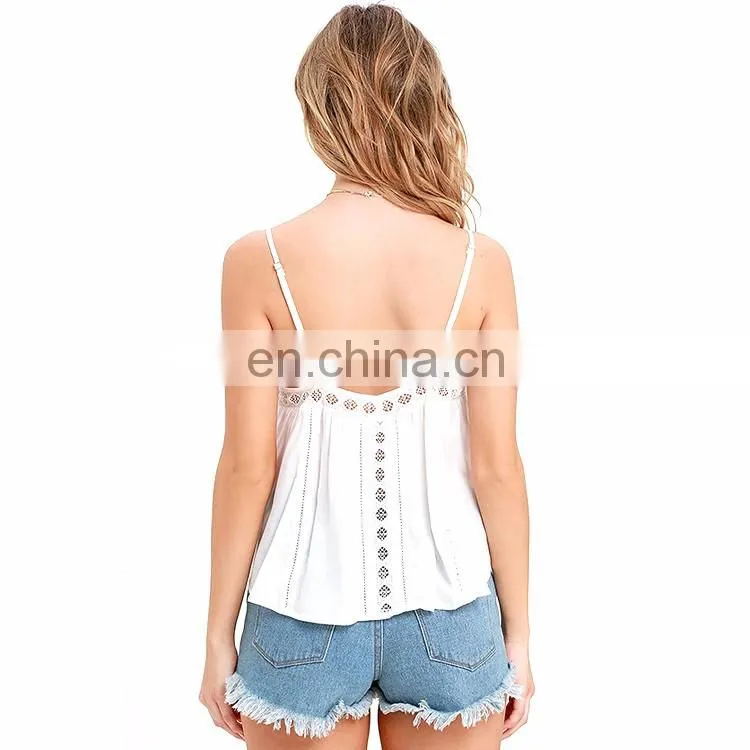 Customized Sleeveless Ivory Sheer Lace Woman Facny Tank Tops V-neck Sexy Strap Crop Lady Girls Top