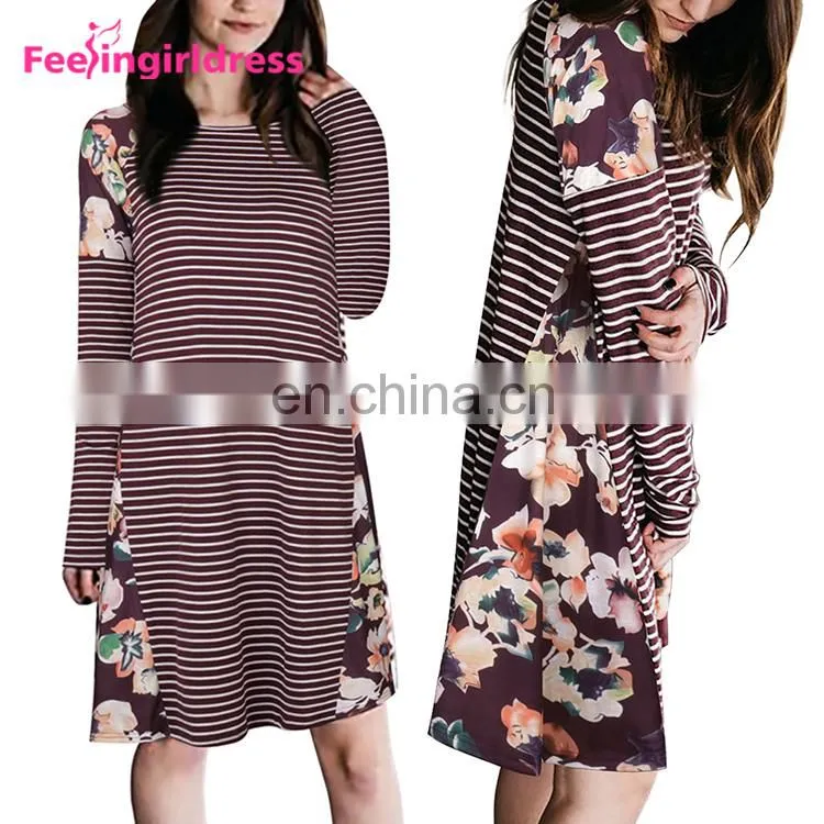 Autumn Red Latest Designs Fashion Print Loose T-Shirt Long Sleeve Casual Dress