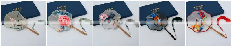 Chinese style multi-pattern silk embroidery handmade fan with wooden handle and tassel pendant