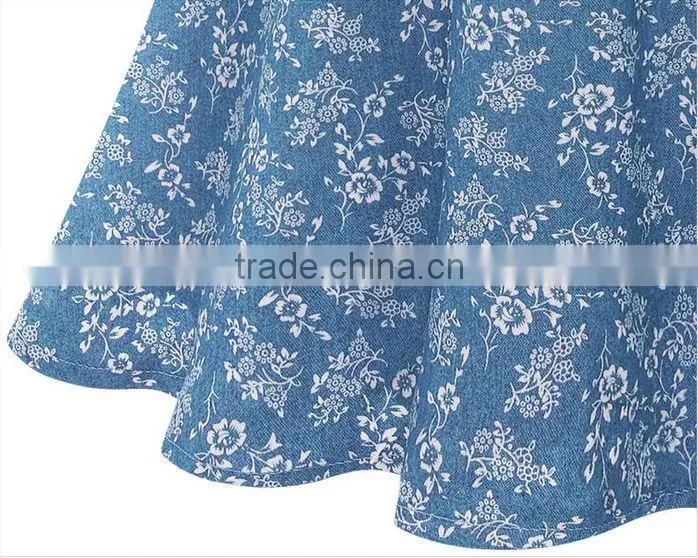 2014 new design Denim Floral Print Sleeveless Dress , Polo Collar Dress