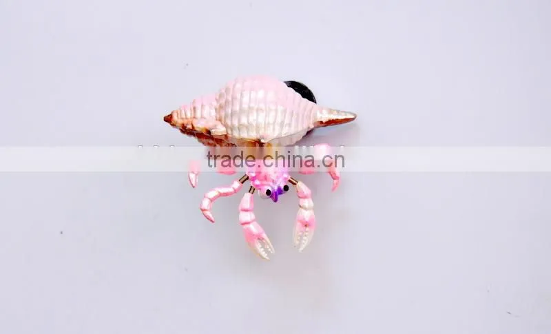 Handmade Delicate 4 inch Pearl Powder Plastic Lobster in Carved Conch Shell Fridge Magnet, Fake Seafood Figures