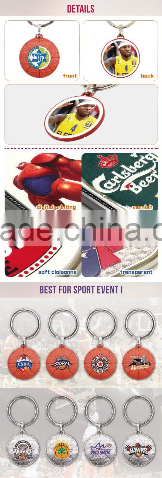 Wholesale bulk metal two sided american printed basketball team keychain