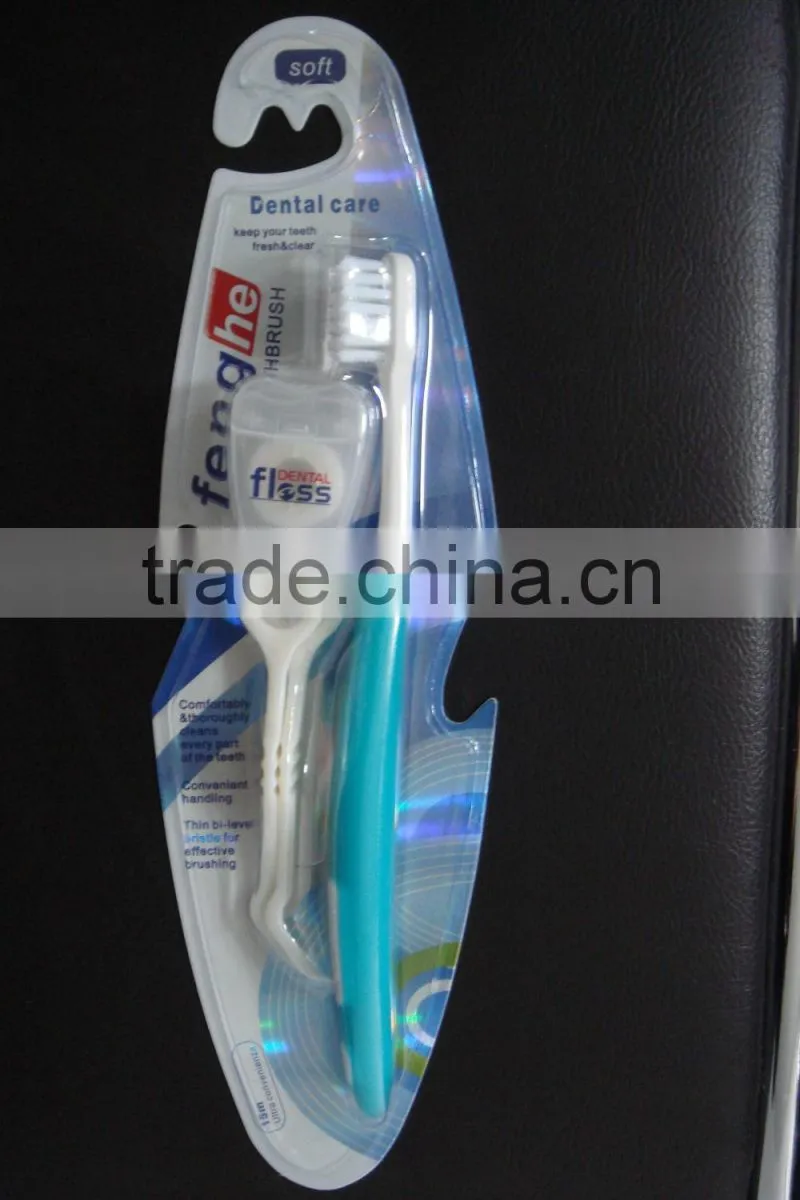 Adult soft nylon bristle tooth brush with dental floss