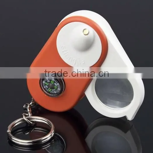 2014 New Mini Jewelry Loupe Keychain Magnifier Hiking Compass Magnifying Glass LED 15X