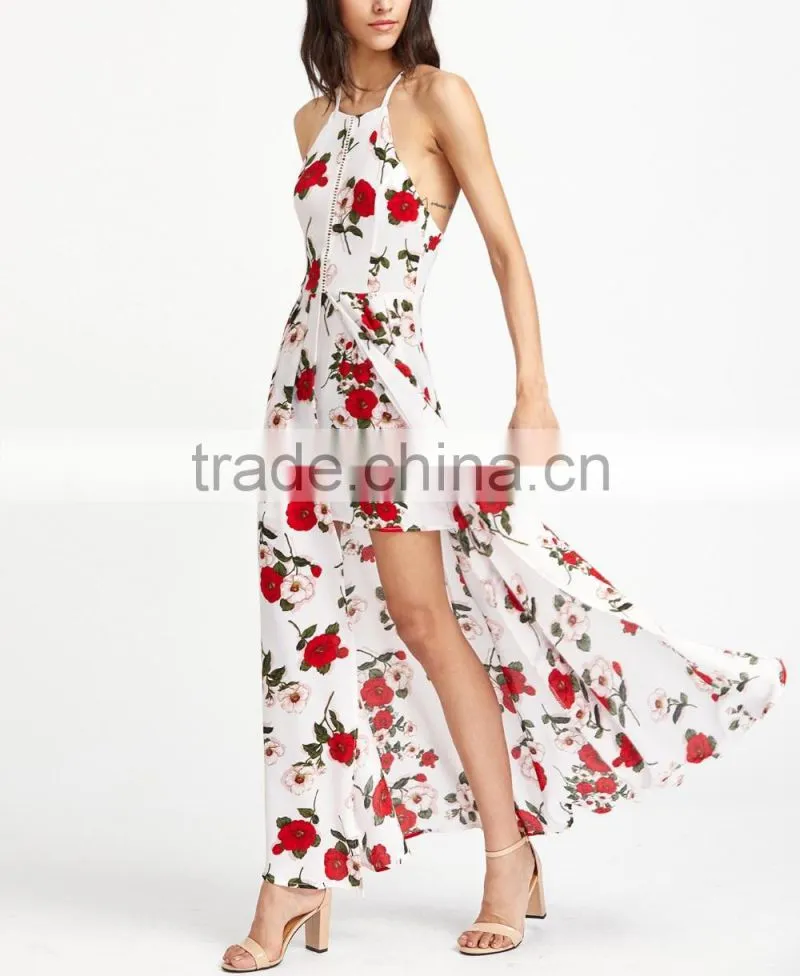 Whosale Clothing OEM Hollow Out Slit Crisscross Back Calico Print Dress