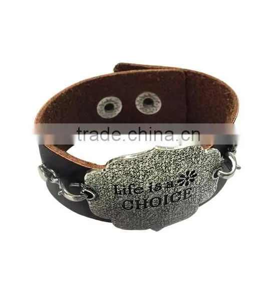 Custom words charms leather bracelet,antique men leather bracelets,stylish leather wristband