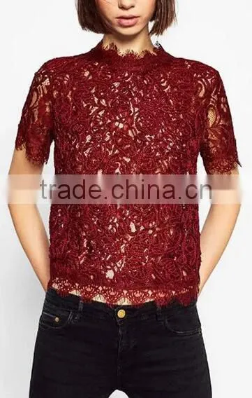 Runwaylover EY2368B Hot Sale 2017 Ladies Hollow Out Shrt Sleeve Lace T-Shirts