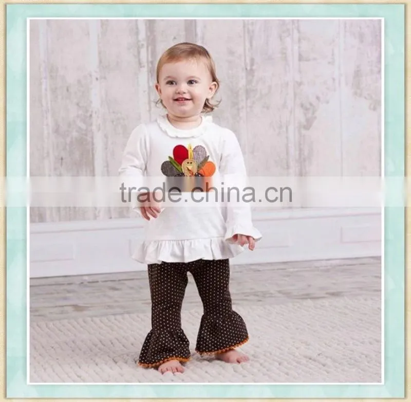 thanksgicing day turkey girls outfit thanksgiving clothing children turkey embroidery ruffle raglan&polka dots ruffle pants sets