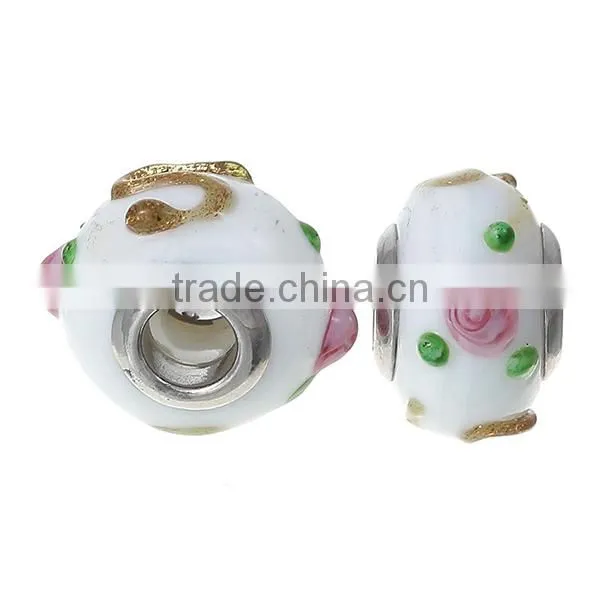 Lampwork Glass European Style Large Hole Beads Round White Pink Flower Golden " S " With 304 Stainless Steel Silver Tone Core