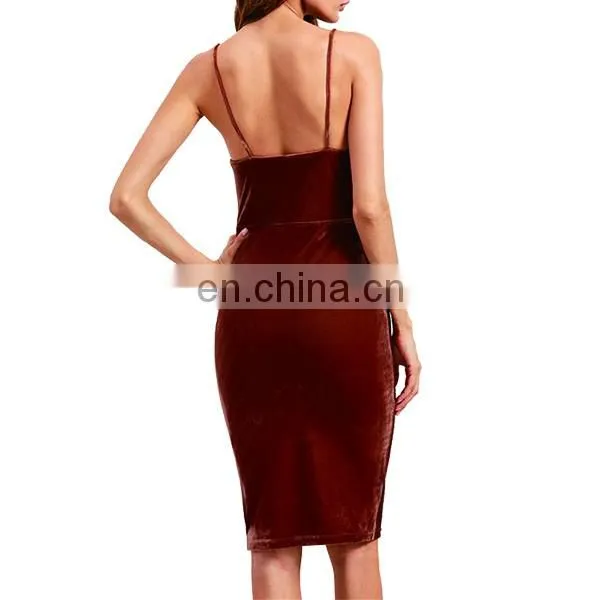 Brick Red Velvet Cami Pencil Dress Sexy Club Wear Slim Dress Women Sleeveless V Neck Knee Length Dress