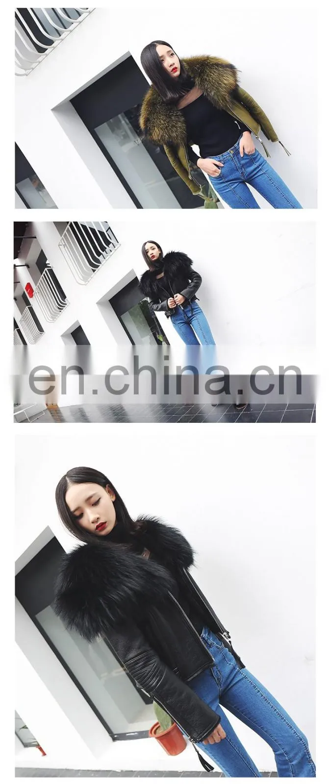 High Fashion Red Real Leather Jackets for Women / Raccoon Fur Collar Leather Jacket Made in China