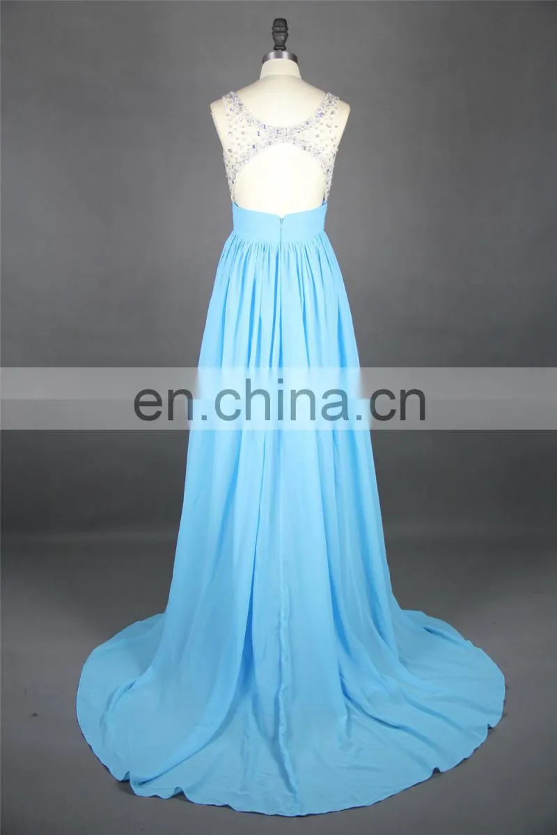 New Arrival Evening Gown Chiffon Beaded See Through Nude Back High Neck Key Hole Open Back Light Blue Formal Long Evening Dress