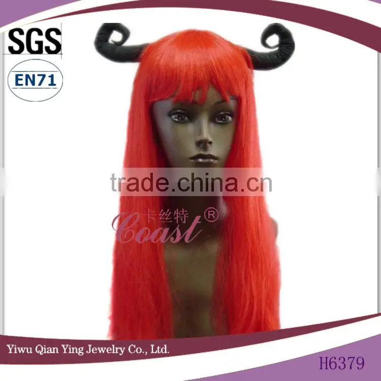 Long cheap fashion style red syntehtic Halloween party wigs with ox horn