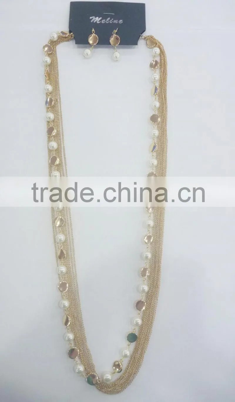 FASHION MULTI ROW CHAIN GLASS PEARL BEADED NECKLACE EARRING SET