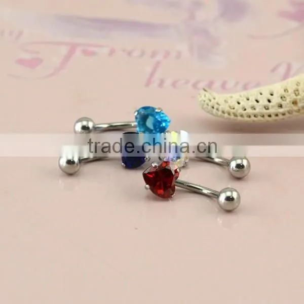 2016 new arrival surgical steel heart zircon hypoallergenic clip on belly button rings