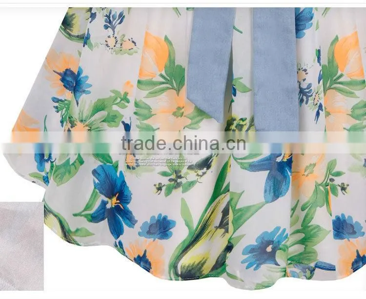 2015 New arrival European Style Women Dress Summer New Design Denim Printing floral Chiffon Dress