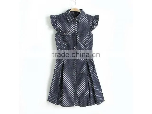 Lapel Ruffle Sleeve Polka Dot Denim Skirt Dress Cotton Wholesale Printed Apparel For Women