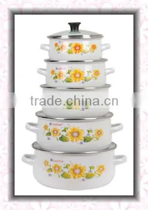 Best Quality Sunflower Decal White Enamel Cookware Pot Set 5 Pcs Cast Iron Kitchenware Set Pot With Glass Lid