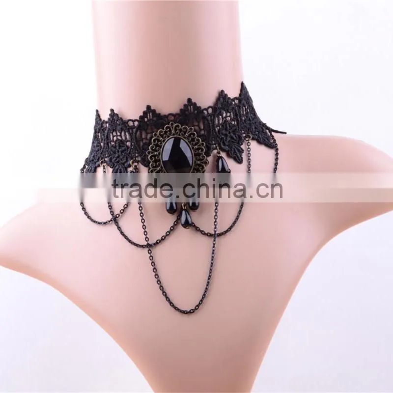 Palace retro Gothic Lolita black tassel Lace Necklace Choker droplets multilayer female jewelry