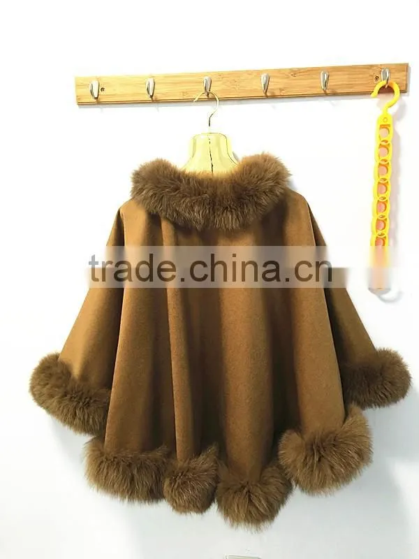 OEM women wholesale hebei camel cashmere and fox fur trim cape