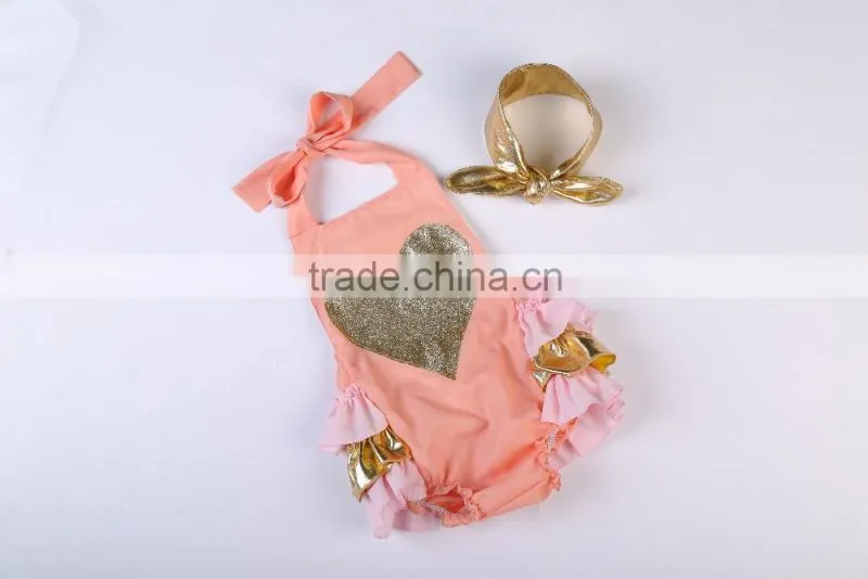 2016 Hot selling ruffle rompers set baby sparkle heart bubble romper with headhand boutique kids summer clothes jumpsuit