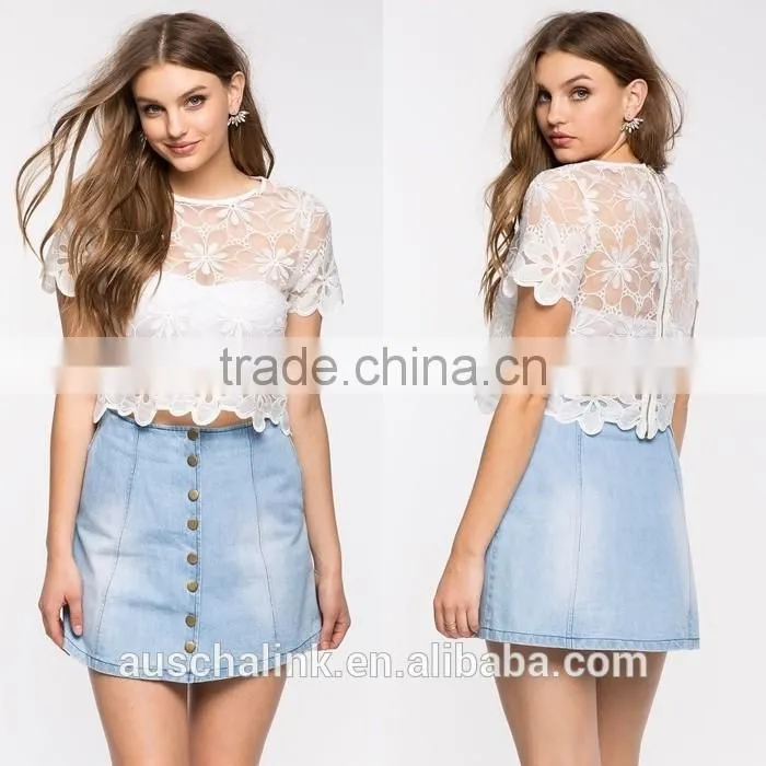 2016 promotional high quality lady white crochet t shirt