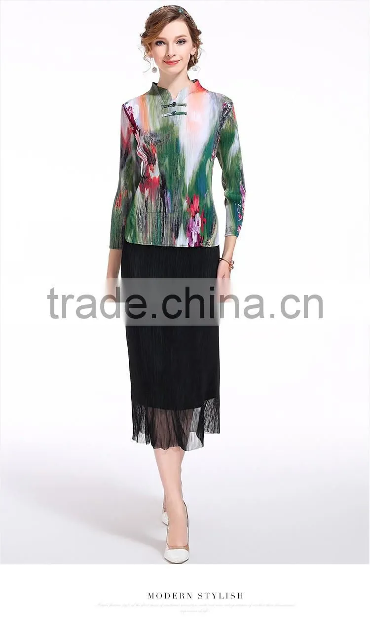 Chinese ink and wash panting double buttons for women folding dress