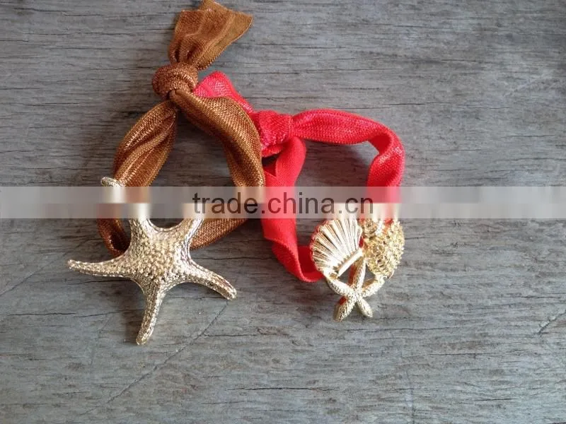 high quality gold starfish charm elastic fabric knot bracelet ribbon hair ties ponytail holder Knotted Hair Ties Yoga Hair Ties