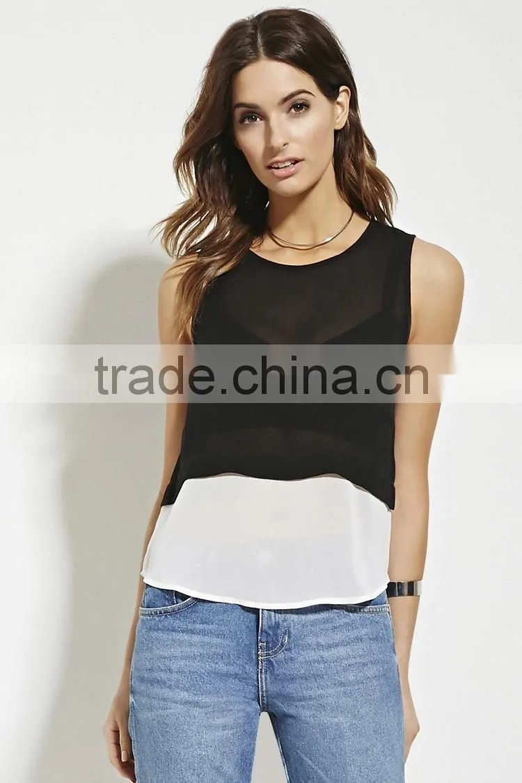 2016 guangzhou shandao oem service summer new design chiffon sleeveless fashion lady black and white tank top in bulk