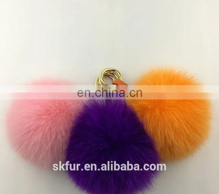 Colorful fox fur pom pom keychain