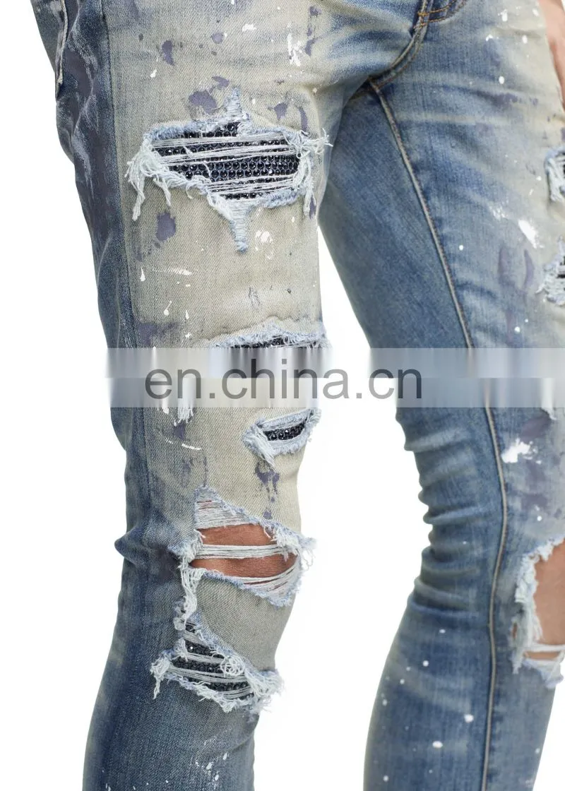 DiZNEW Classic Indigo Crystal Paint distressed jeans For Men