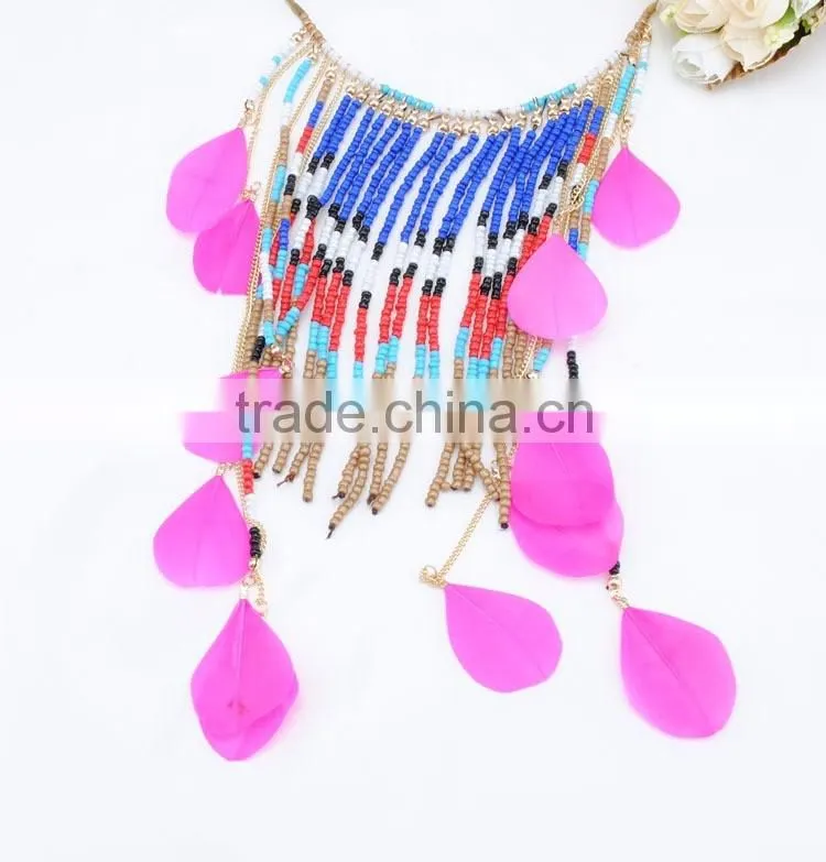 Wholesale New Product Exotic Feather Tassel Necklace Fashion Seed Bead Jewelry