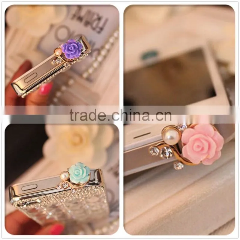 Rose Flower 3D Crystal Bead Pearl Anti Dust Plug Charms For 3.5mm Phone For Apple4 4S 5 For Samsung Galaxy S3 S4 For HTC