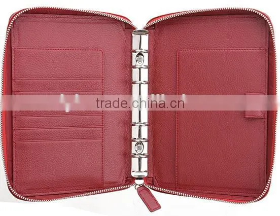 red pu leather notebook holder ring binder case with zip