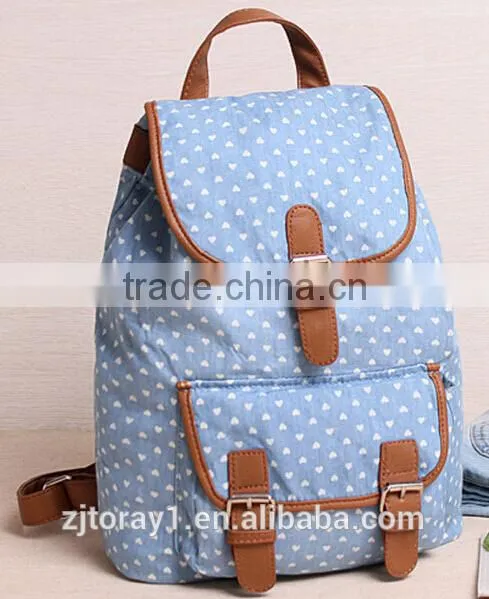 cotton canvas backpack travel bag school bag blue heart dotted
