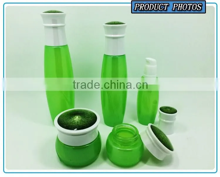 Luxury Cosmetics Packaging green colored cosmetic glass bottle and face cream jar