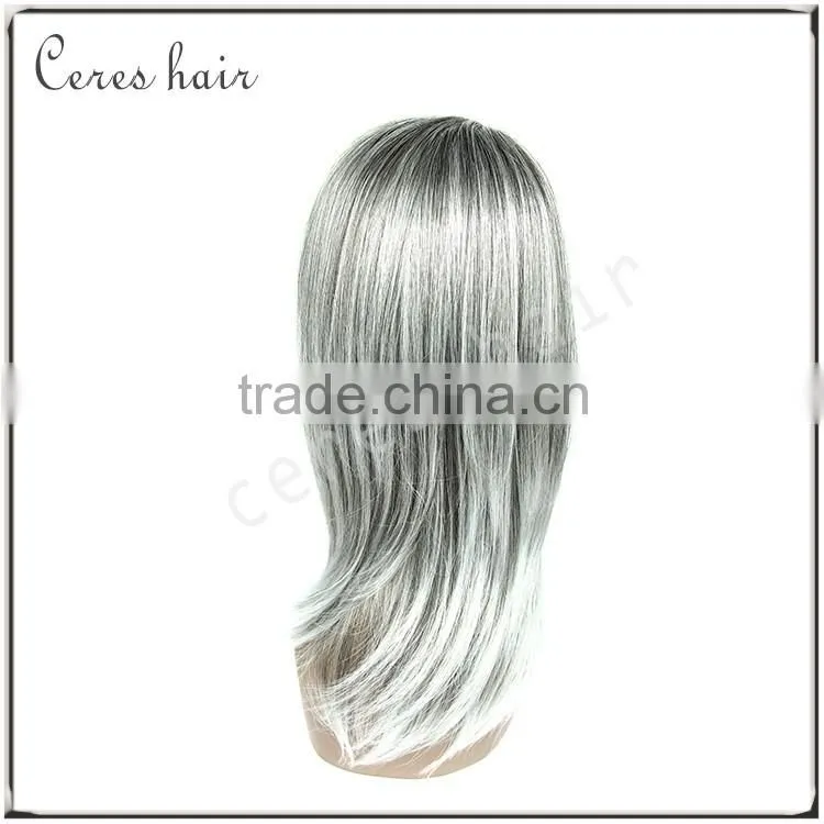 on sale popular silky straight silver white grey synthetic hair wig with high resistant fiber free shipping