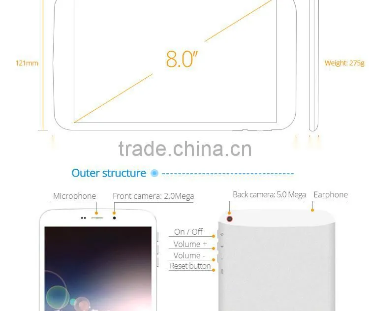 MTK6592 1.7GHz Android 4.4 octa core 8 inch tablet 3g IPS 1280*800 antenna