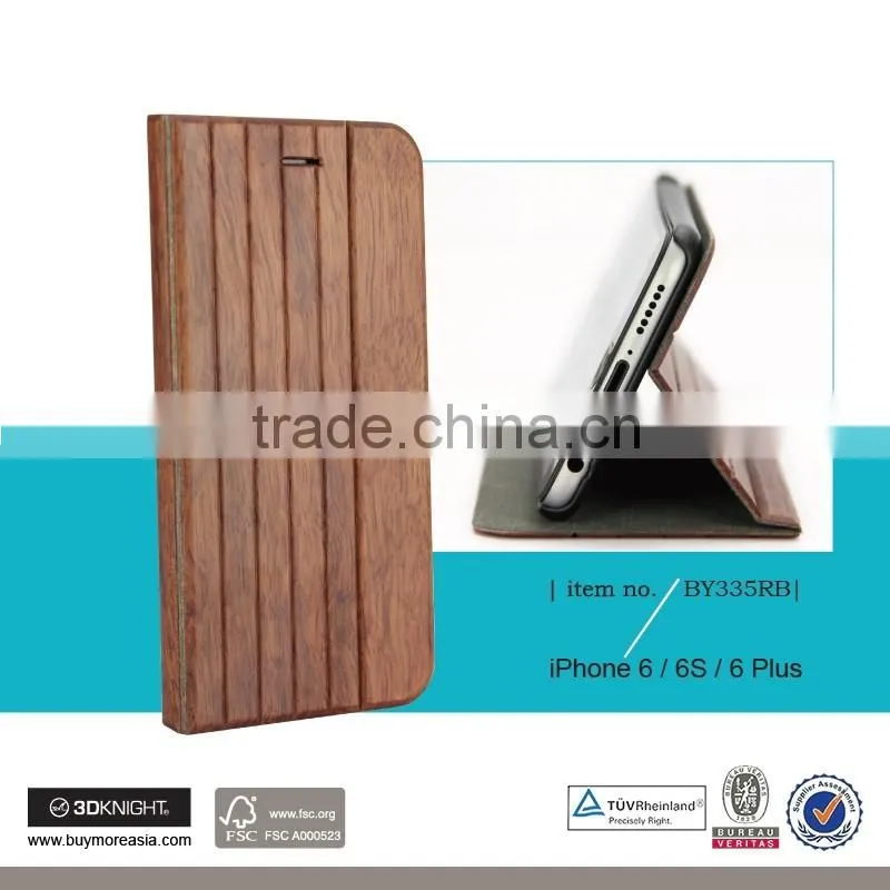 Natural Luxury Rosewood Full Wood Phone Bumper Case, Smooth Leather Wooden Stand Flip Bamboo Phone Case for iPhone 6 6s Plus