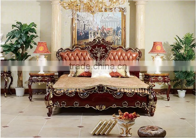 European Royal Brown Wooden Hand Carved Bed With Leather Headboard(MOQ=1 SET)